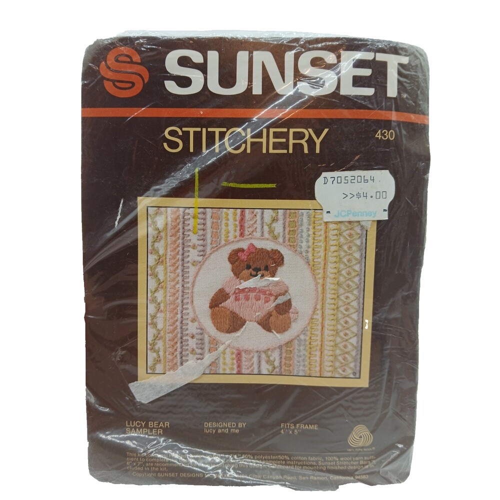 Vtg 1980's Sunset Stitchery Kit Lucy Bear Sampler Sealed #430 Fits 4x5" Frame